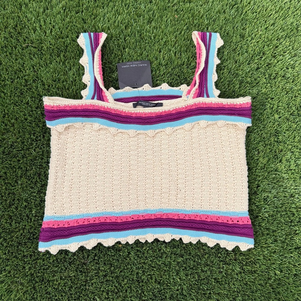 Marc New York Andrew Marc Womens Crochet Knit Tank Top Cream Striped Scalloped L